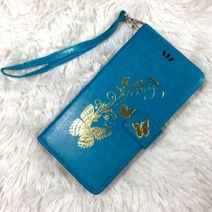 NWOT IPhone 7 Plus/ 8 Plus Butterfly Blue Vegan Leather Wristlet Wallet Case
